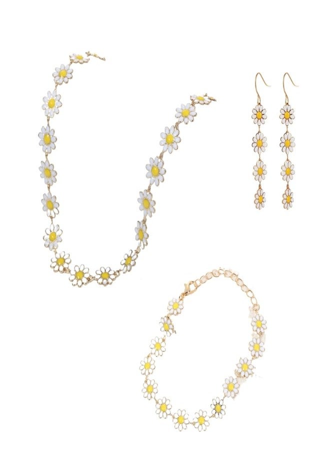 DATOA Daisy Jewelry Set for Women Cute Daisy Choker Necklace Bracelet Dainty Flower Long Dangle Earrings-White - Image 1